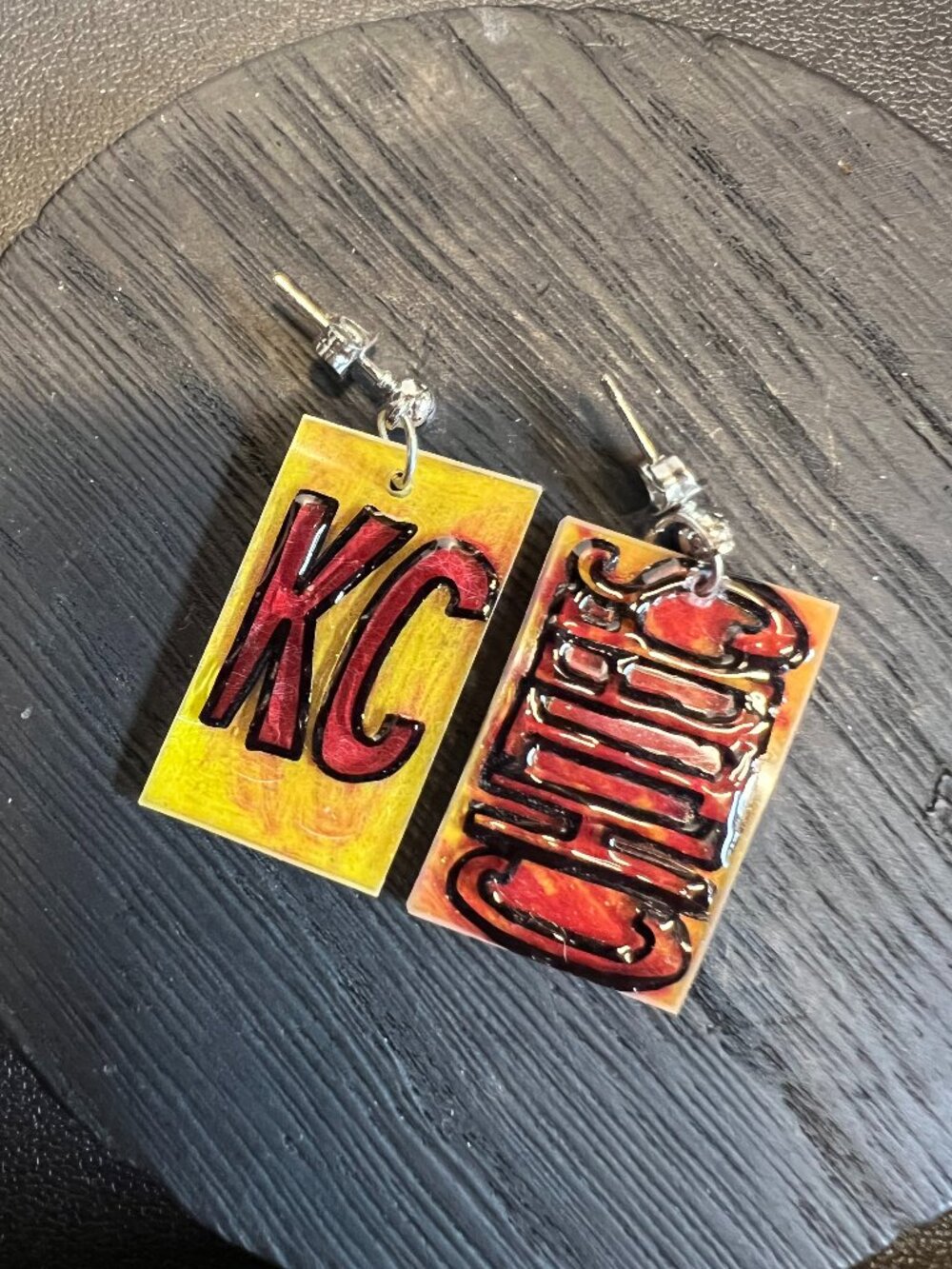 KC Chiefs Asymmetrical Earrings, Stainless Posts, OOAK, Shrink Plastic